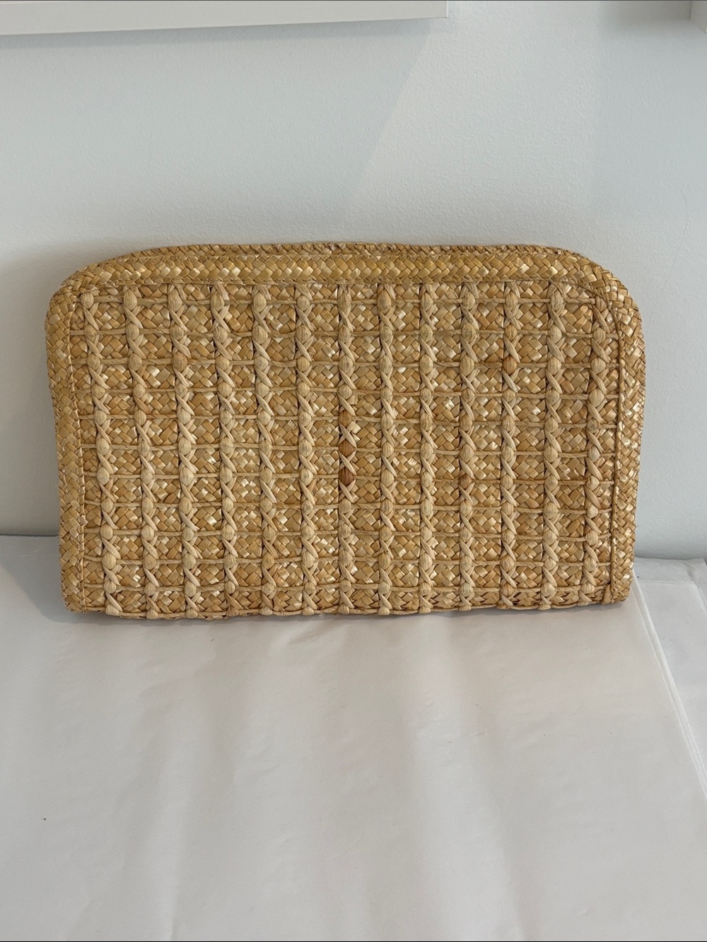 Woven Straw Clutch Bag in Natural Tan top zipper lined interior with pocket